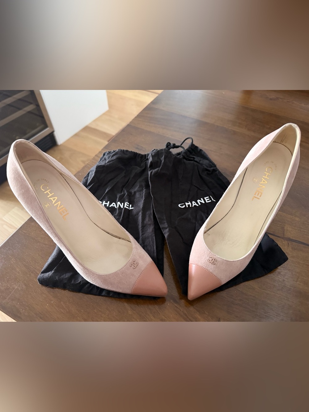 CHANEL Pink Two-Tone Suede & Leather Pointed Toe Pumps